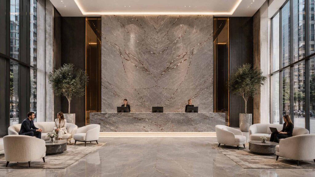 Cmd contemporary gray red vein stone lobby