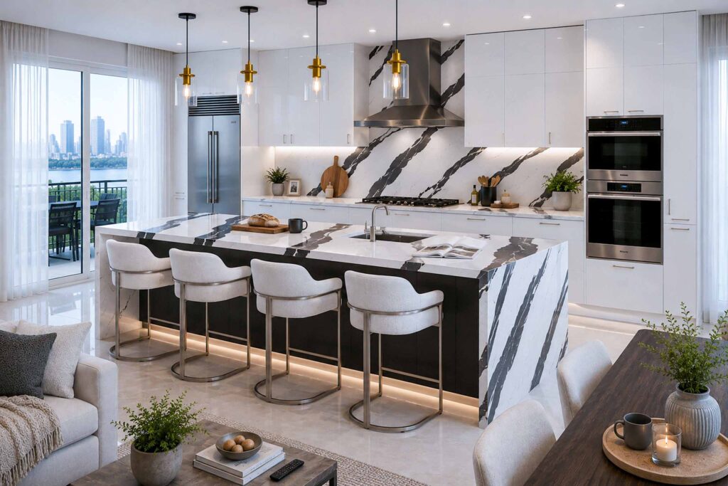 Cambria black white stone kitcehncounter