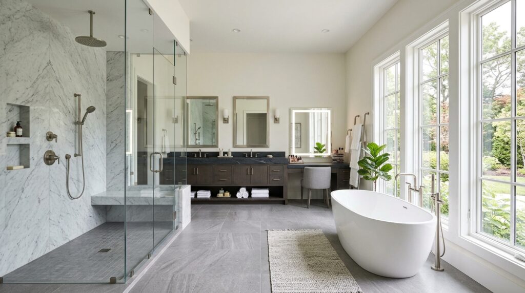 Master bathroom with shower tub