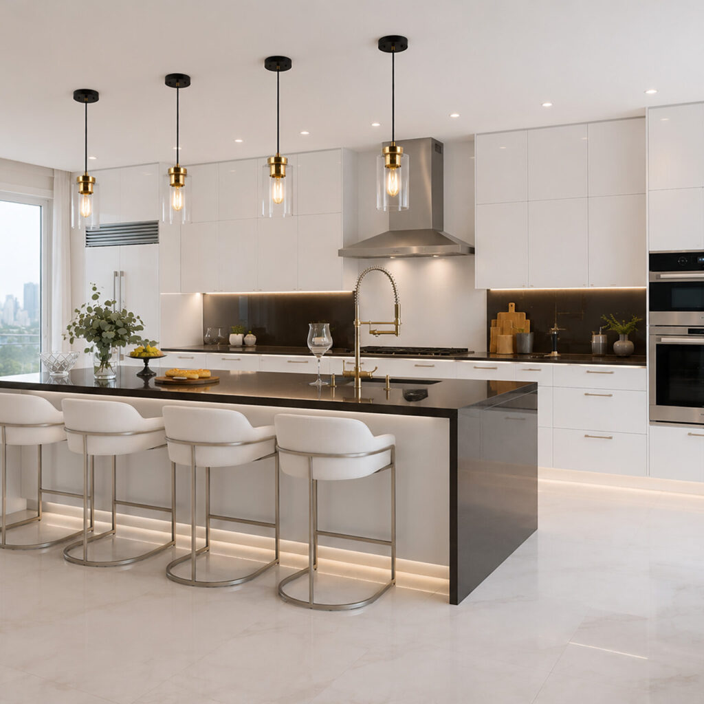 Cropped silestone brown kitcehn with island
